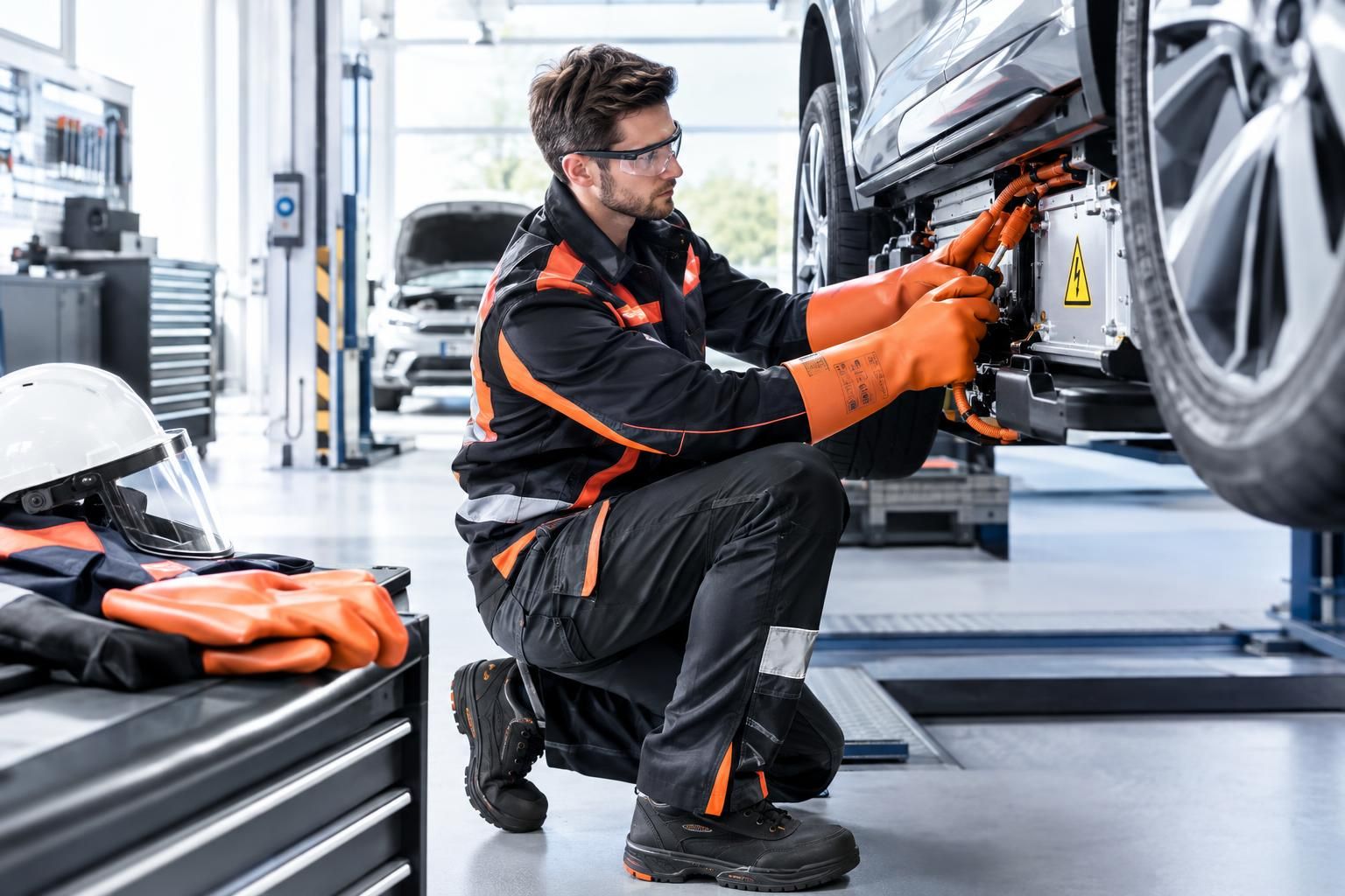 Mechaniker trägt orange Elektriker-Schutzhandschuhe und arbeitet an der Hochvolt-Batterie eines Elektroautos in der Werkstatt