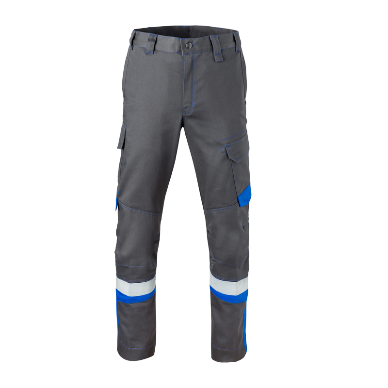 HaVeP 5Safety Image+ 80340 MultiNorm Hose APC1, graue Arbeitshose mit blauen Kontrasteinsätzen, Seitentaschen und Reflexstreifen an den Beinen