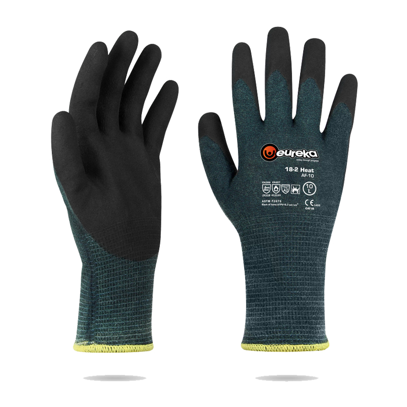 Eureka flammhemmende Handschuhe ARC 10 extra dünn RG0009 in Schwarz und Dunkelgrün, Vorder- und Rückansicht mit beschichteter Innenhand
