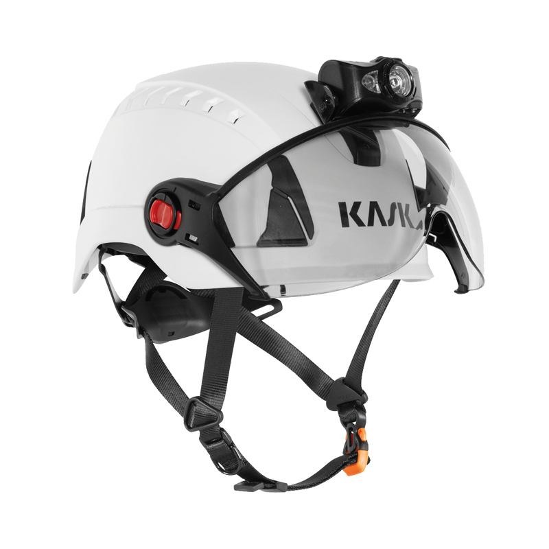 KASK KL-3 HEAD LAMP Stirnlampe mit Bluetooth, IP54 und 7 Funktionen, montiert an weißem KASK Industriehelm mit Visier