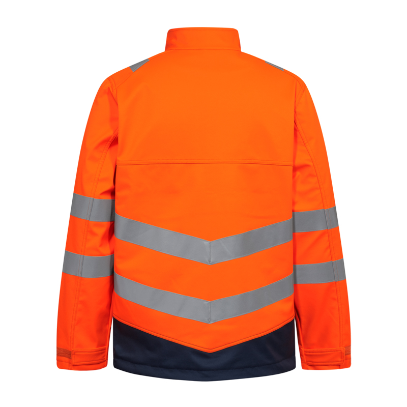 Rückenansicht einer orangefarbenen Engel Warnschutzjacke mit grauen Reflexstreifen und dunkelblauem Saum für hohe Sichtbarkeit
