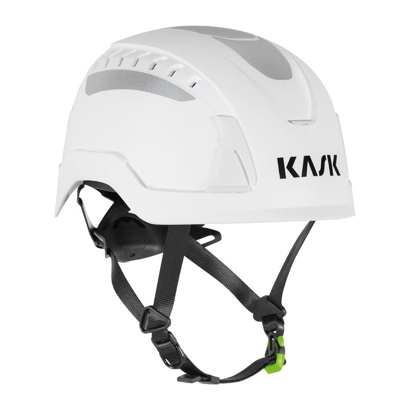 Kask PRIMERO PL HI VIZ Kletterhelm EN 397 + EN 12492, weißer Schutzhelm mit Belüftung, reflektierenden Details und Kinnriemen