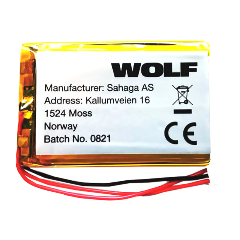 Wolf Protection Akku-Batterie mit rotem und schwarzem Anschlusskabel, CE-Kennzeichnung und Herstelleretikett