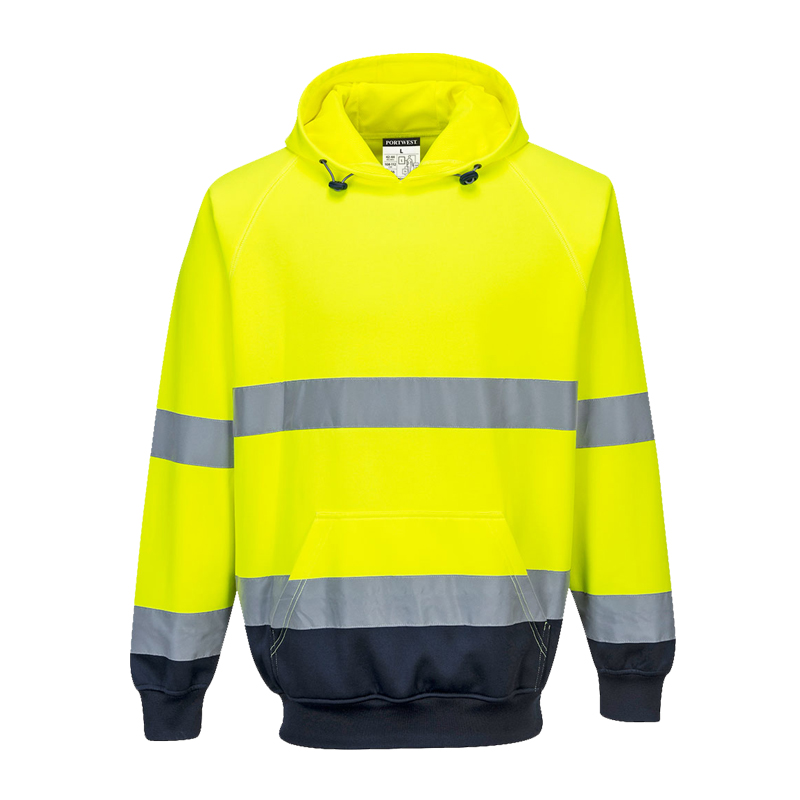 PortWest Warnschutz-Kapuzenpullover in leuchtendem Gelb mit Reflexstreifen an Brust, Bauch und Ärmeln sowie dunkel abgesetztem Saum und Bündchen
