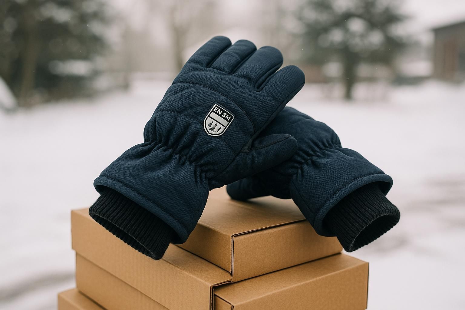 Paar dunkelblaue, gefütterte Winterhandschuhe mit elastischem Strickbündchen auf gestapelten Kartons vor verschneiter Outdoor-Kulisse