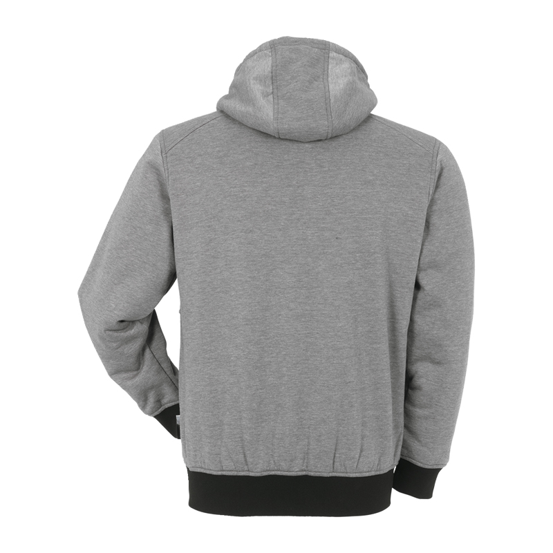 Rückansicht des grauen Planam Iceland Hoodies mit Teddyfutter innen, warmer Kapuzenpullover mit schwarzen Bündchen