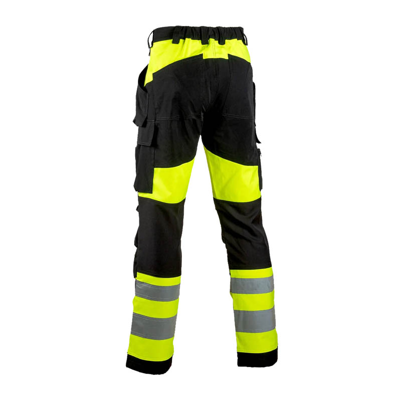 Rückansicht der Dimex 6168Y Stretch Warnschutz Hose Klasse 1 in Gelb/Schwarz mit Reflexstreifen und praktischen Taschen