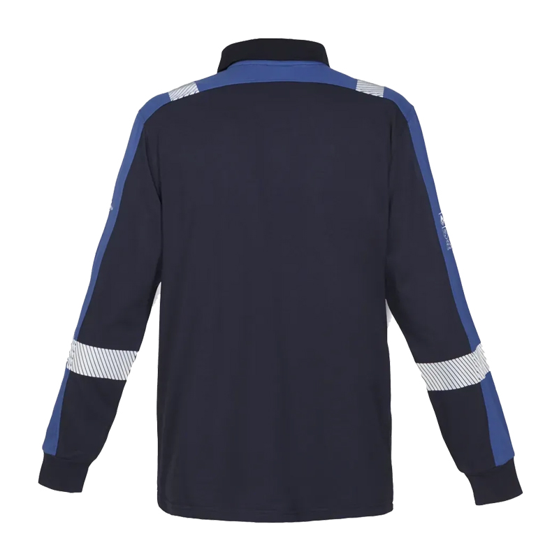 Rückansicht eines langärmeligen Poloshirts in Navy mit blauen Einsätzen an Schultern und Ärmeln sowie reflektierenden Streifen am Oberarm