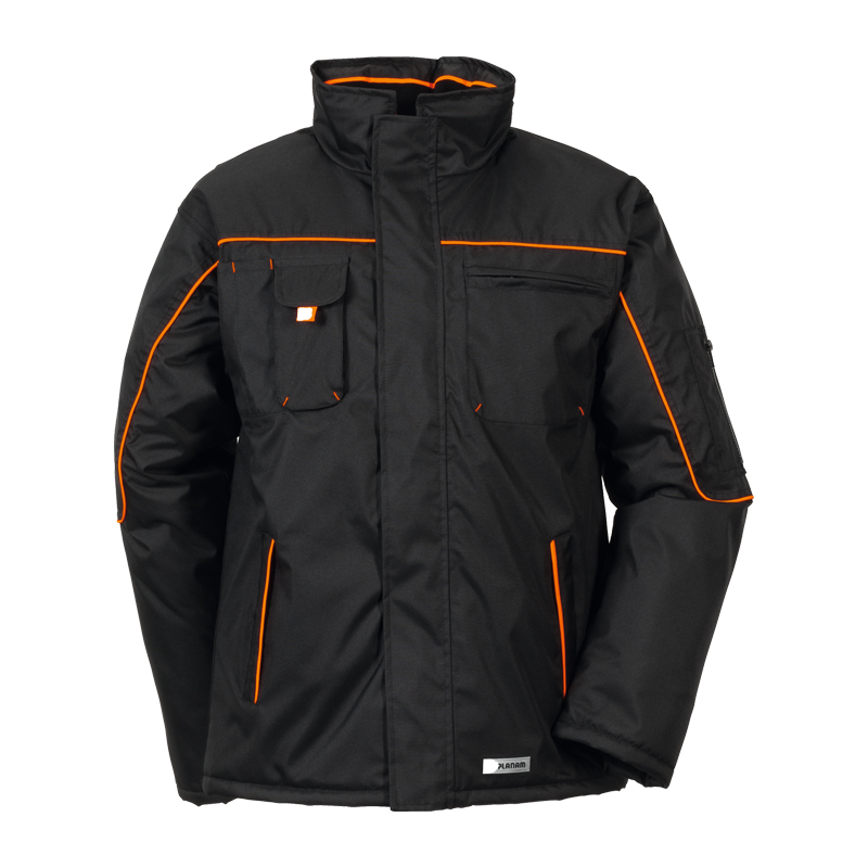 Planam Piper Jacke wasserdichter Wetterschutz, schwarze Arbeitsjacke mit orangefarbenen Kontrastnähten, Stehkragen und praktischen Taschen