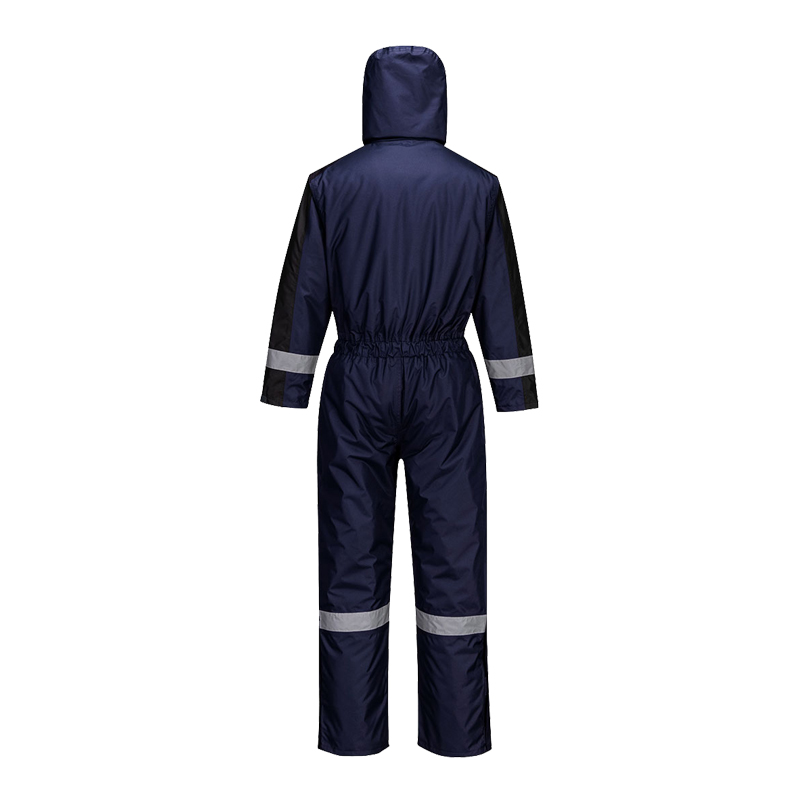 Rückansicht eines marineblauen PortWest Overalls mit Kapuze, elastischer Taille und Reflexstreifen an Armen und Beinen