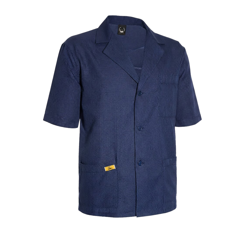 Blaue kurzärmlige Mimoza ESD Jacke für EPA Bereiche mit 10⁵ bis 10⁷ Ohm nach EN 61340, Arbeitsjacke mit Knopfleiste und Taschen