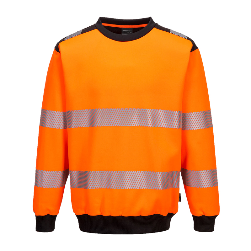 PortWest Warnschutz-Sweatshirt in leuchtendem Orange mit schwarzen Bündchen und reflektierenden Streifen für hohe Sichtbarkeit bei der Arbeit