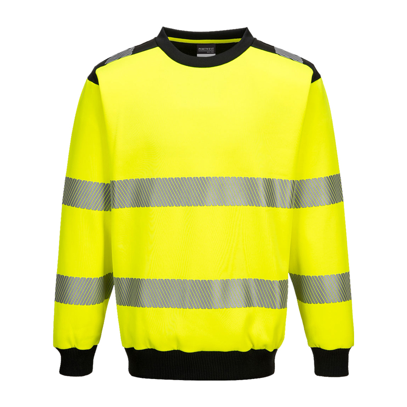 PortWest Warnschutz-Sweatshirt in leuchtendem Gelb mit langen Ärmeln, schwarzen Bündchen und reflektierenden Streifen für hohe Sichtbarkeit bei der Arbeit