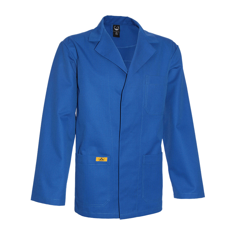 Blaue Mimoza ESD Jacke für Produktschutz in EPA-Bereichen 10⁵ bis 10⁸, antistatische Arbeitsjacke nach EN 61340