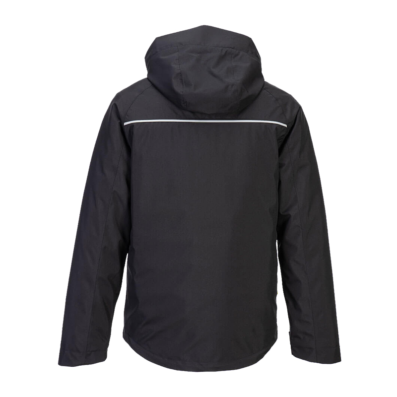 Rückenansicht der PortWest DX465 Winter-Regenjacke 3-in-1 in Schwarz mit Kapuze, wetterfest, atmungsaktiv und mit herausnehmbarer Innenjacke nach EN 343 und EN 342.