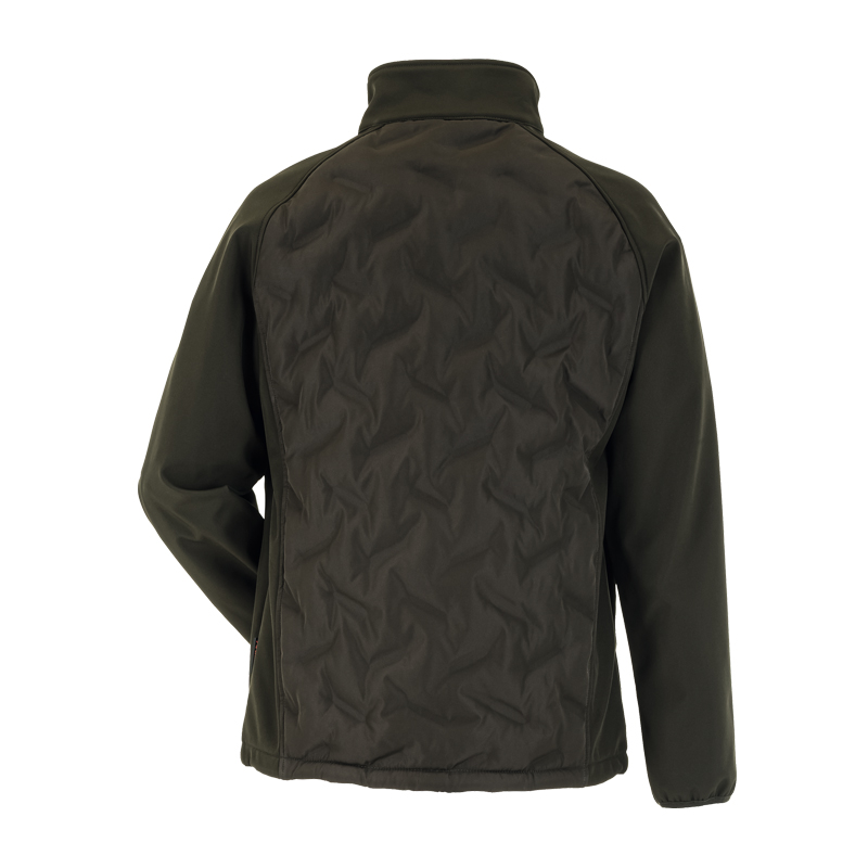 Rückenansicht der Planam Strike Jacke mit Stepp und Reflexbiesen in dunklem Olivgrün, funktionale Arbeitsjacke mit Stepp-Einsatz und hohem Kragen