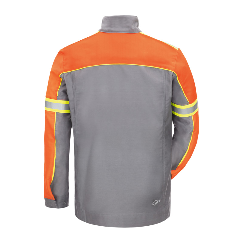 Rückansicht der HB Iron Pro Gießerei Jacke gegen Eisenspritzer E3 von HB Protective Wear in Grau-Orange mit Reflexstreifen für hohen Schutz in der Gießerei