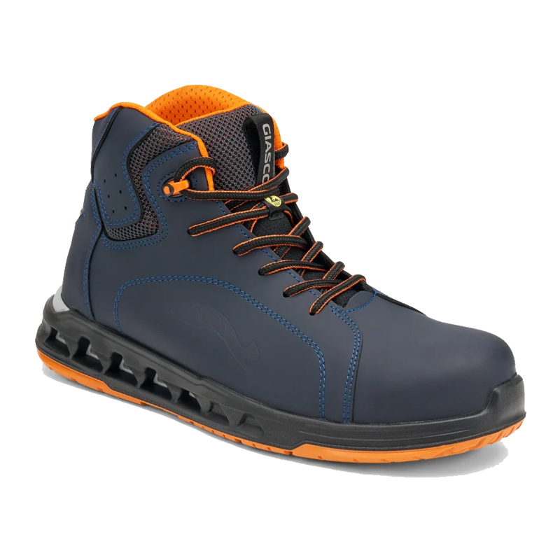 Giasco 3Cloud ESD Supernova Sicherheitsstiefel elastisch S3L, dunkelblauer Arbeitsstiefel mit orangefarbenen Schnürsenkeln und robuster Schutzsohle