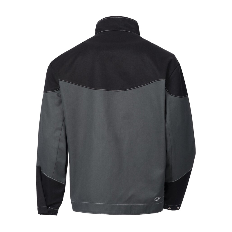 Rückansicht des HB MODarc MultiNorm Blouson 4 kA | APC1 von HB Protective Wear in Grau-Schwarz, robuste Schutzjacke mit Stehkragen