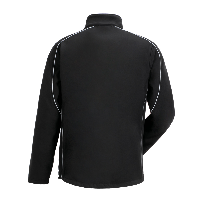 Rückansicht der schwarzen Planam Twilight Softshelljacke mit Reflexbiesen, funktionale Arbeitsjacke mit Stehkragen
