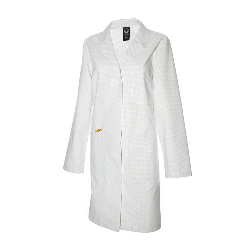 Weißer Mimoza ESD Damen Mantel mit langen Ärmeln als Produktschutz für EPA-Bereiche 10⁵ bis 10⁸, gemäß EN 61340