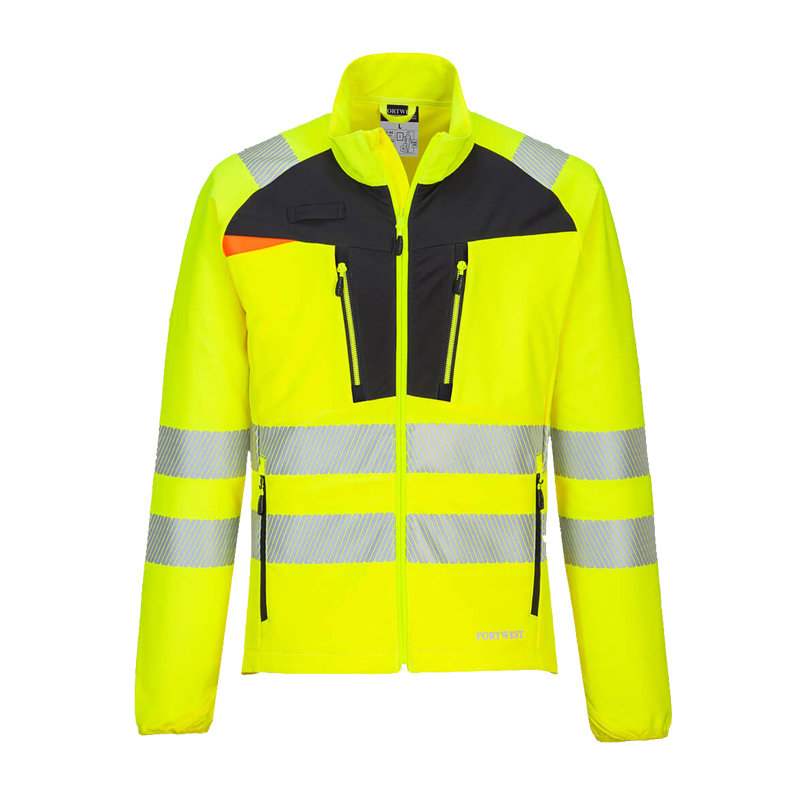 PortWest Warnschutzjacke in leuchtendem Gelb mit umlaufenden Reflexstreifen, schwarzem Brustdesign und Frontreißverschluss