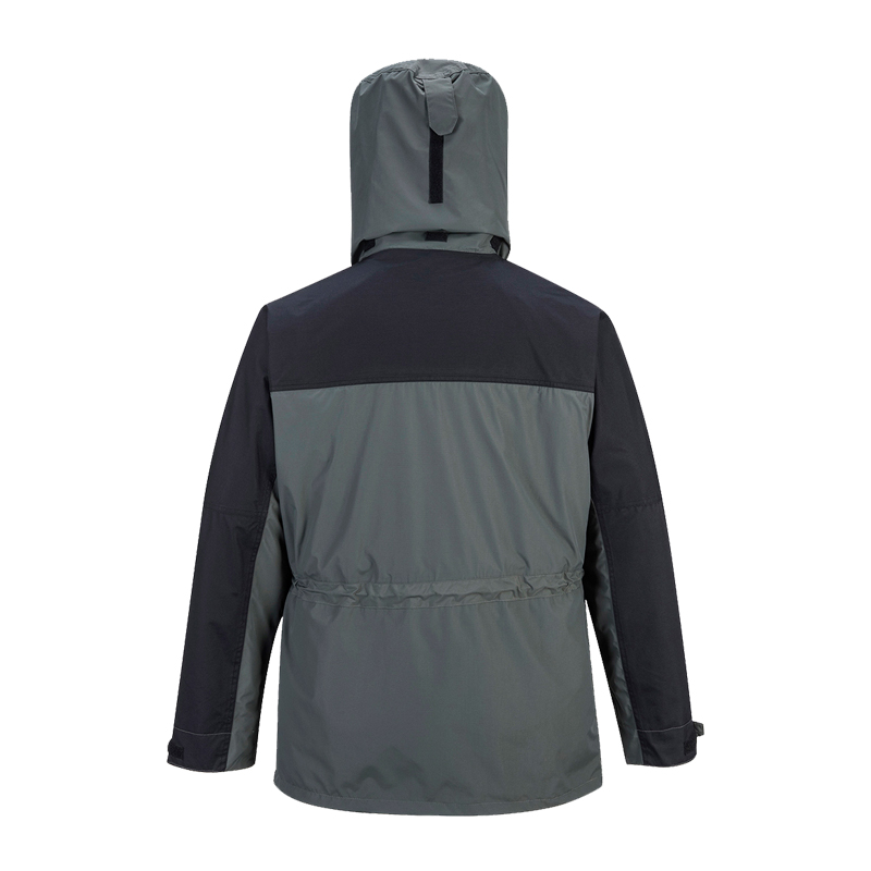 Rückansicht einer PortWest Jacke mit Kapuze in Grau-Schwarz, funktionale Outdoor- und Arbeitsjacke