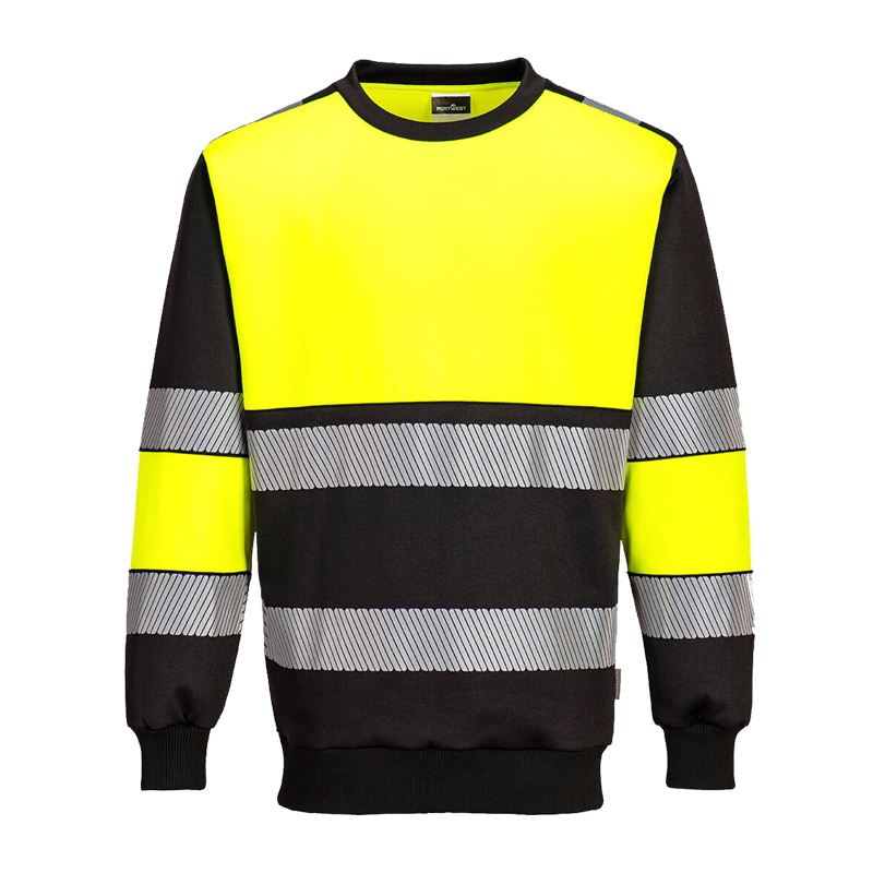 PortWest Warnschutz-Sweatshirt in Gelb und Schwarz mit langen Ärmeln und umlaufenden Reflexstreifen für hohe Sichtbarkeit