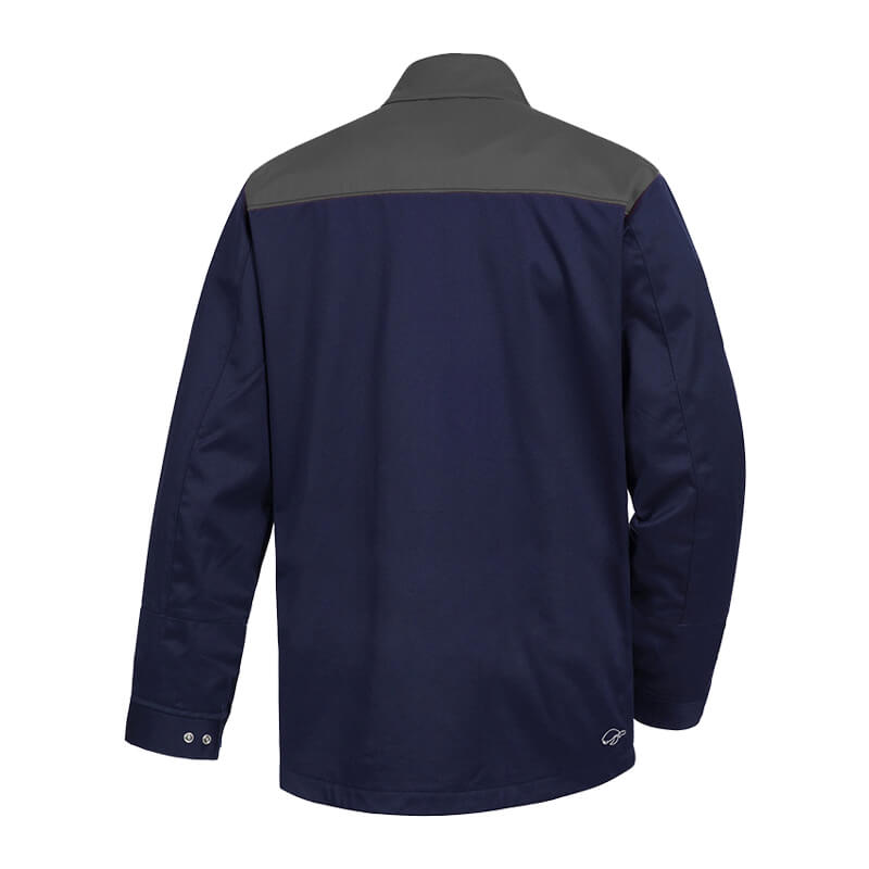 Rückansicht der HB SecureAllround MultiNorm Jacke 4 kA | APC1 von HB Protective Wear in Marine und Grau, flammhemmende antistatische Schutzjacke aus FR Baumwolle
