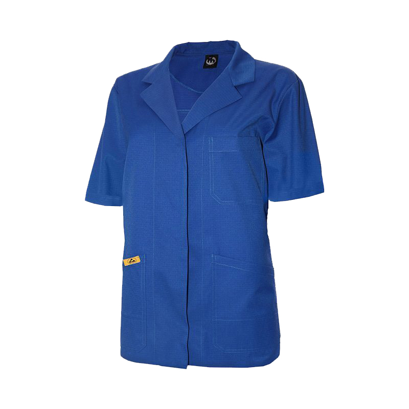 Blaue Mimoza ESD Damen Jacke kurzarm mit Kragen und Taschen für Produktschutz in EPA-Bereichen 10⁵ bis 10⁸ nach EN 61340