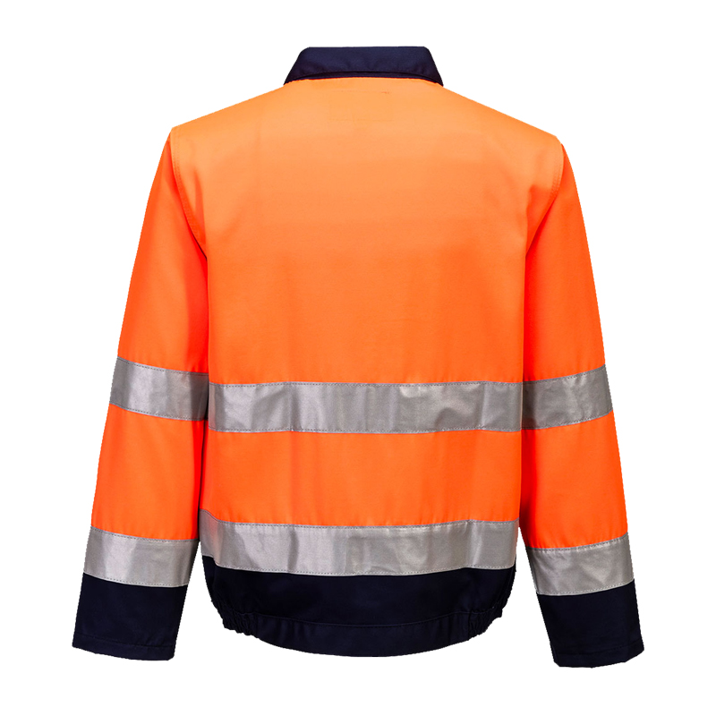 Rückansicht einer PortWest Warnschutzjacke in Orange und Marineblau mit silbernen Reflexstreifen an Rücken und Ärmeln