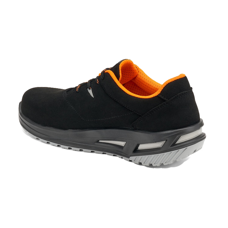 Seitenansicht des Giasco 3Move ESD Falcon Sicherheitsschuhs S3: ergonomischer Halbschuh in Schwarz mit orangefarbenem Innenfutter, metallfreiem Schutz und rutschhemmender 3MOVE-Sohle