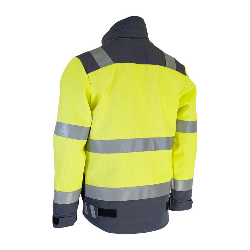 Rückansicht der Dimex 6446 MultiChem Warnschutz Jacke, 6-fach zertifizierte Arbeitsjacke in Gelb/Grau mit Reflexstreifen, Schutz vor Hitze, Flammen, Schweißfunken, elektrostatischen Gefahren und leichten Chemikalienspritzern