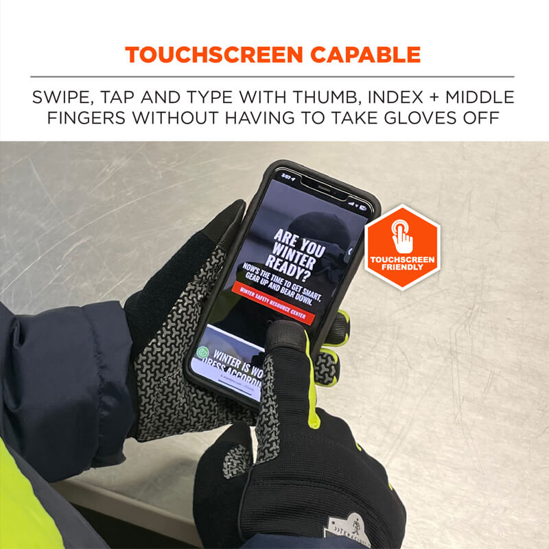 Ergodyne ProFlex 850 Kälteschutz-Handschuhe touchscreenfähig: Handschuhe bedienen ein Smartphone, ideal für Kühlhaus und Gefrierhaus mit sicherem Griff und warmer Isolierung.