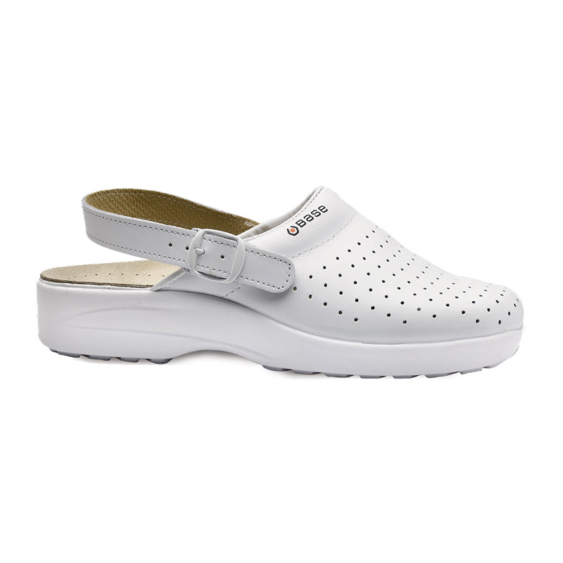 Weiße BASE Xeno Hygiene OB Clogs B0551 mit Fersenriemen, perforiertem Veloursleder und SRC Rutschhemmung für komfortables Arbeiten