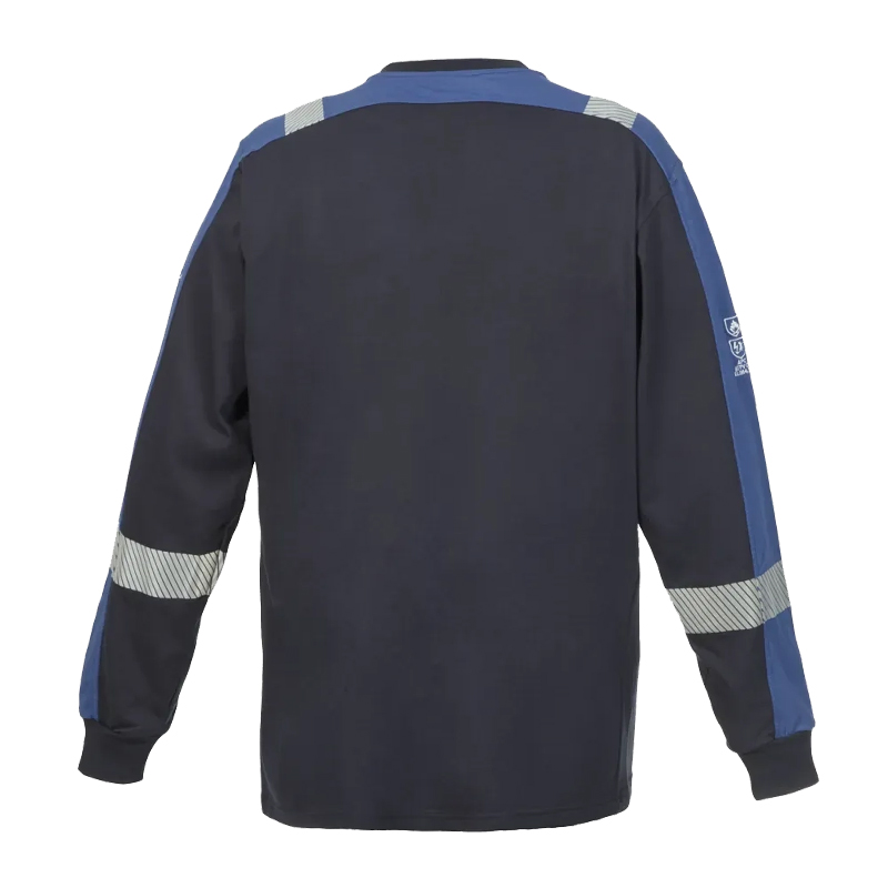Rückansicht eines dunkelblau-blauen Langarm-Arbeitsshirts mit blauen Einsätzen und Reflexstreifen an Schultern und Ärmeln