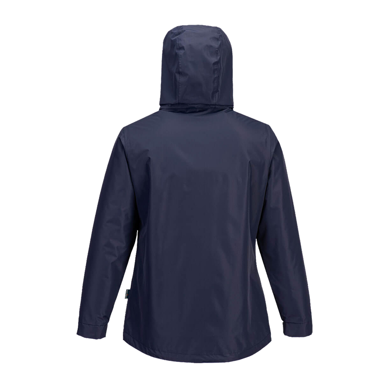 Rückansicht einer marineblauen PortWest Regenjacke mit Kapuze und langen Ärmeln