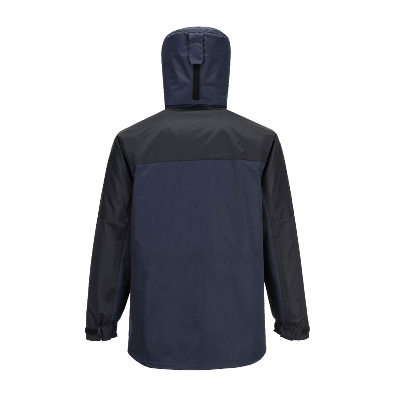 Rückansicht einer PortWest Arbeitsjacke mit Kapuze in Marineblau und Schwarz, robust und funktional für Beruf und Outdoor