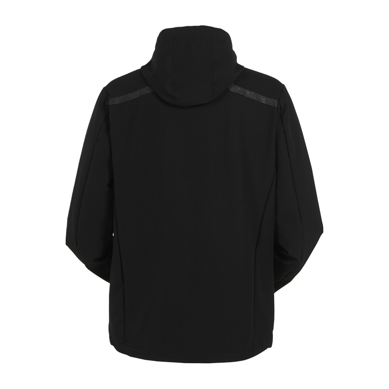 Rückansicht der schwarzen Planam Zirro Jacke aus 4-Wege Stretch mit Kapuze, funktionale Arbeitsjacke