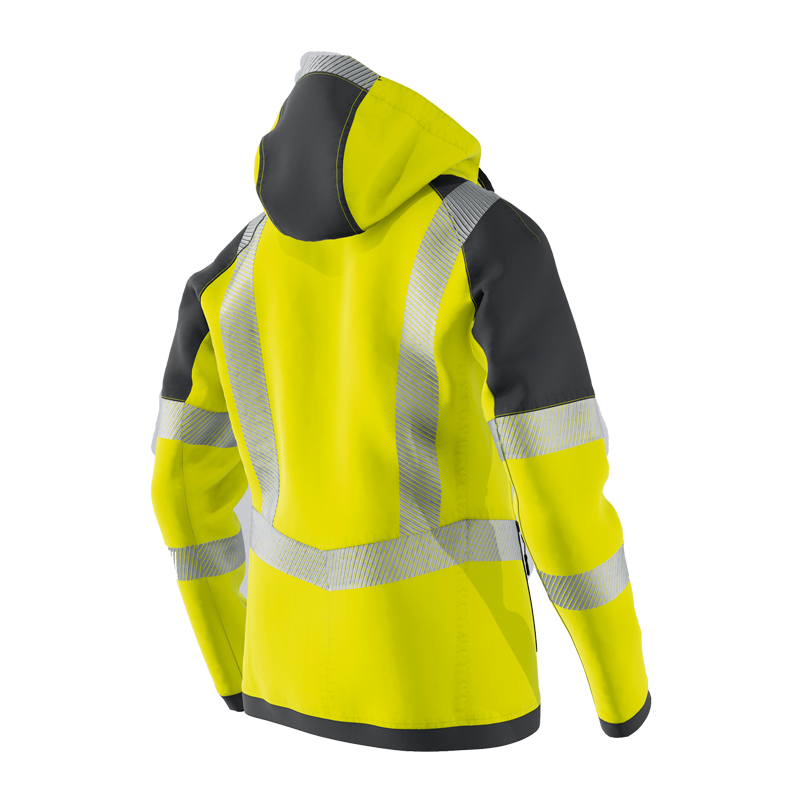 Rückansicht der BP 2034 Warnschutz Stretch Softshell Jacke mit Kapuze von BP Bierbaum Proenen in Gelb mit grauen Kontrasteinsätzen und umlaufenden Reflexstreifen