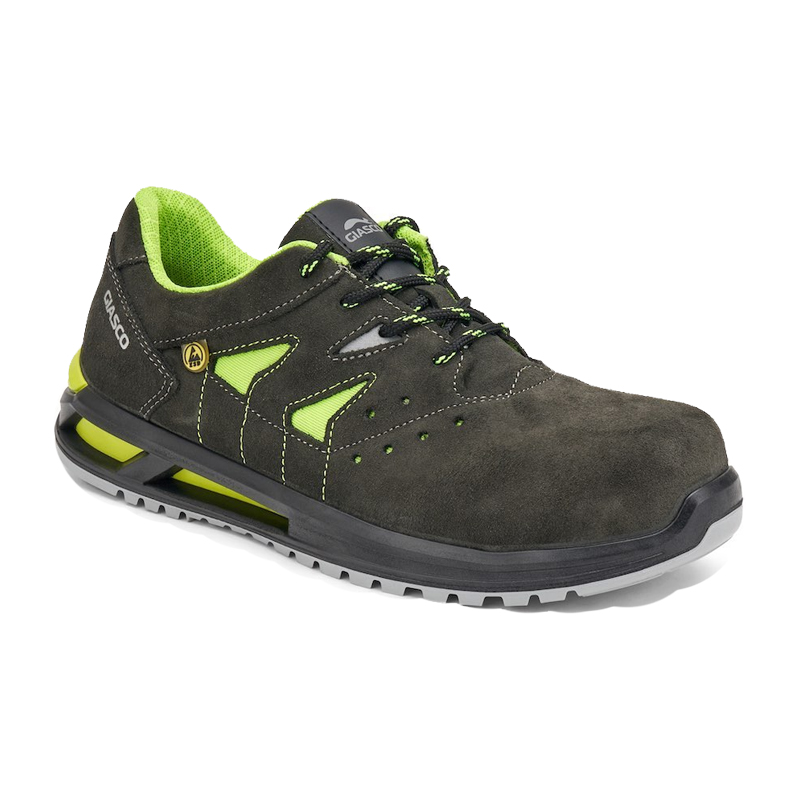 Giasco 3Hybrid ESD Panarea S1PL Sicherheitshalbschuh aus Veloursleder, metallfrei, schwarz mit grünen Akzenten, dämpfender 3HYBRID-Sohle und Memory-Einlegesohle