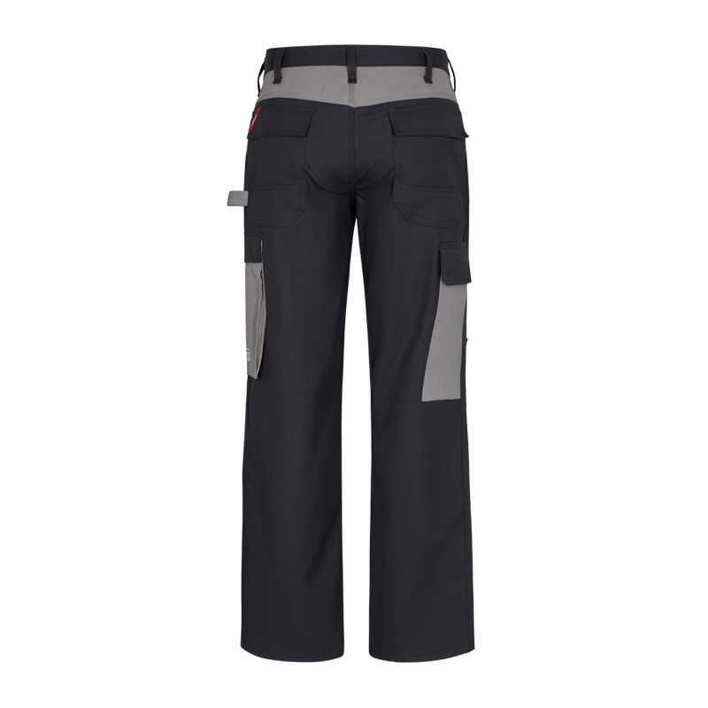 Rückansicht der Engel Safety+ 2234-825 MultiNorm-Hose in Schwarz/Grau, robuste antistatische und flammhemmende Arbeitshose mit Schutztaschen, 4 kA, APC1