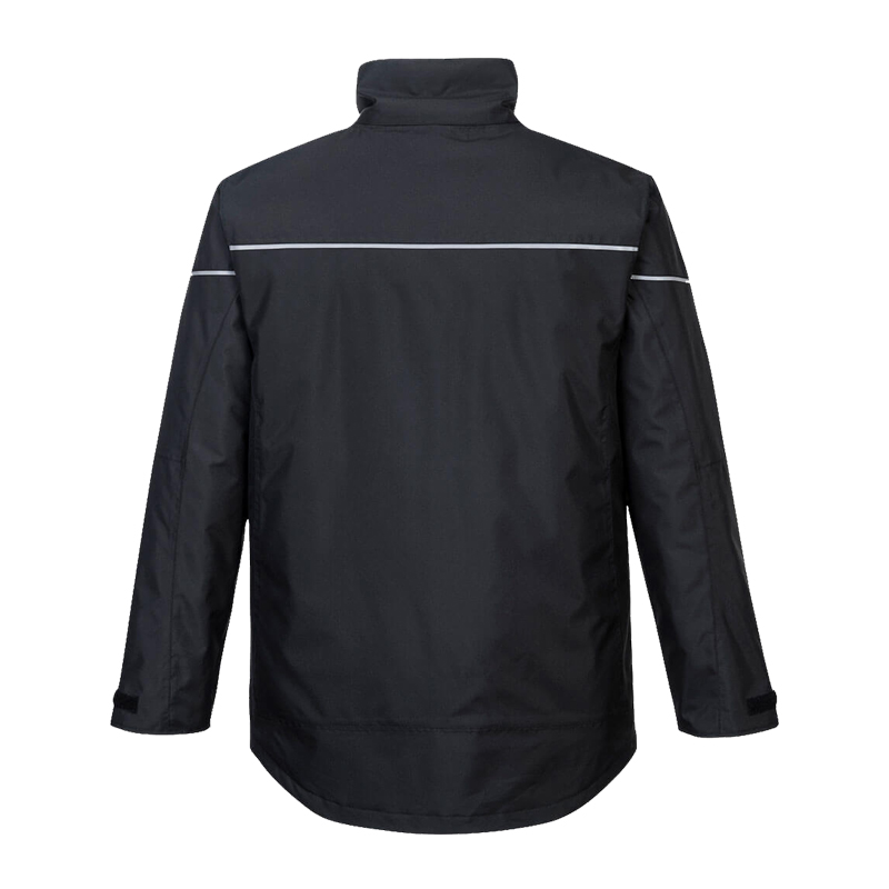Rückansicht der PortWest PW362 Winterjacke mit Steppfutter nach EN 343 in Schwarz, wasserdicht mit verschweißten Nähten und reflektierenden Details für kalte, nasse Arbeitstage