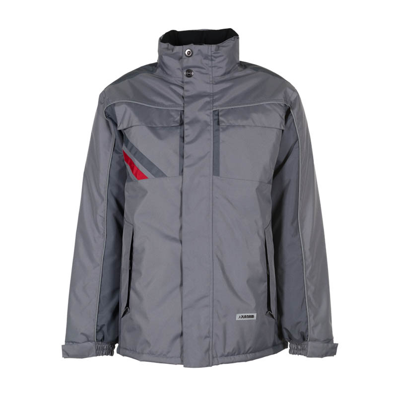 Planam Highline Winter Jacke von Planam in Grau, robuste Arbeitsjacke mit Stehkragen, Frontverschluss und roten Akzenten