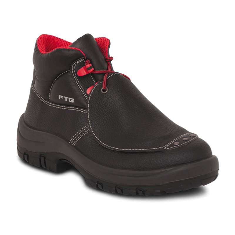 FTG Ares S3 Schweißer-Sicherheitsstiefel HRO, schwarzer hoher Arbeitsschutzstiefel aus wasserabweisendem Narbenleder mit rotem Innenfutter, Olympia Line