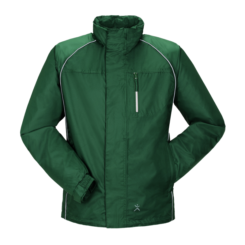 Planam Monsun Regen Jacke in Grün, wasserdicht und atmungsaktiv, mit Stehkragen, Brusttasche und reflektierenden Details