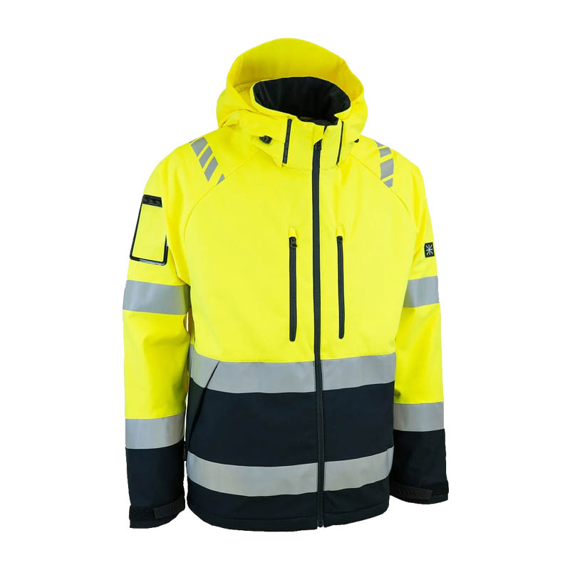 Dimex 6202Y Warnschutz SoftShell Jacke EN 20471 Klasse 2, gelb-schwarze Arbeitsjacke mit Kapuze, Frontreißverschluss und umlaufenden Reflexstreifen