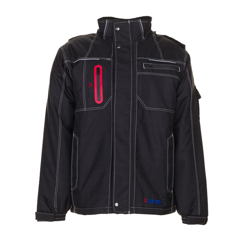Planam Basalt Winterjacke in Schwarz, wasserdichte Arbeitsjacke für kalte und nasse Wetterbedingungen mit hohem Kragen, Brusttaschen und Kontrastnähten