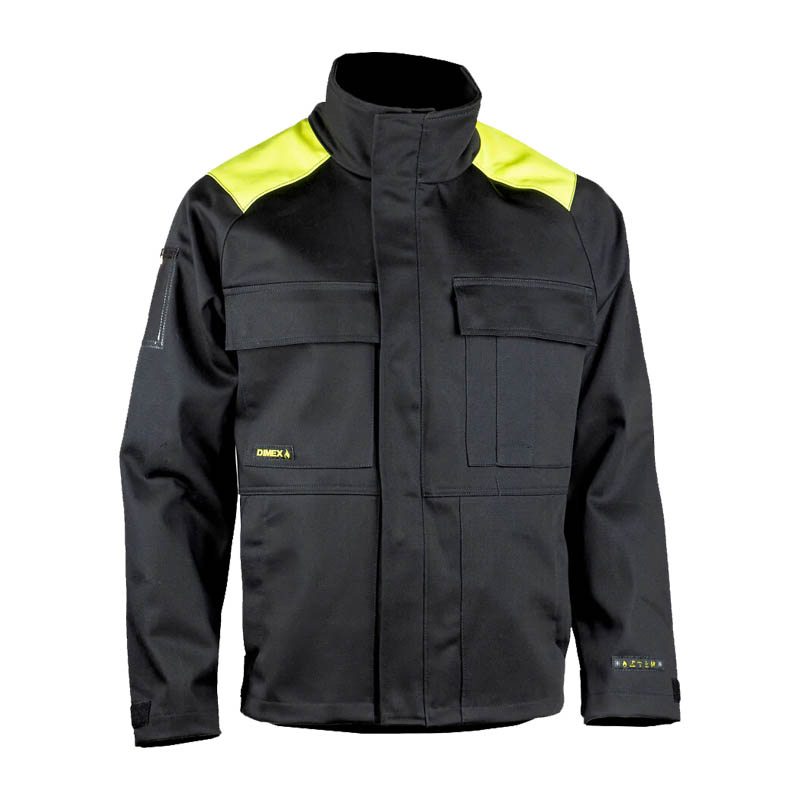 Dimex 6413 MultiNorm Jacke mit Schweißerschutz Klasse 2 in Schwarz mit gelben Schulterpartien, flammhemmende Arbeitsjacke für Schweißarbeiten und multigefährliche Umgebungen