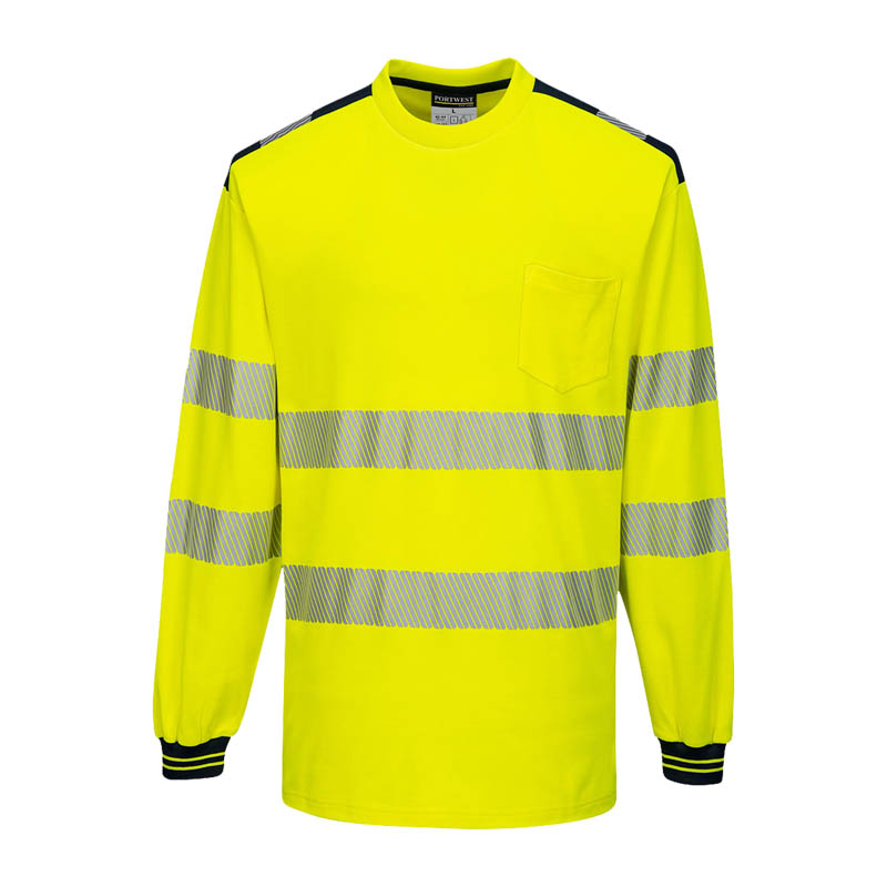 PortWest Warnschutz-Langarmshirt in leuchtendem Gelb mit umlaufenden Reflexstreifen, Brusttasche und dunklen Bündchen